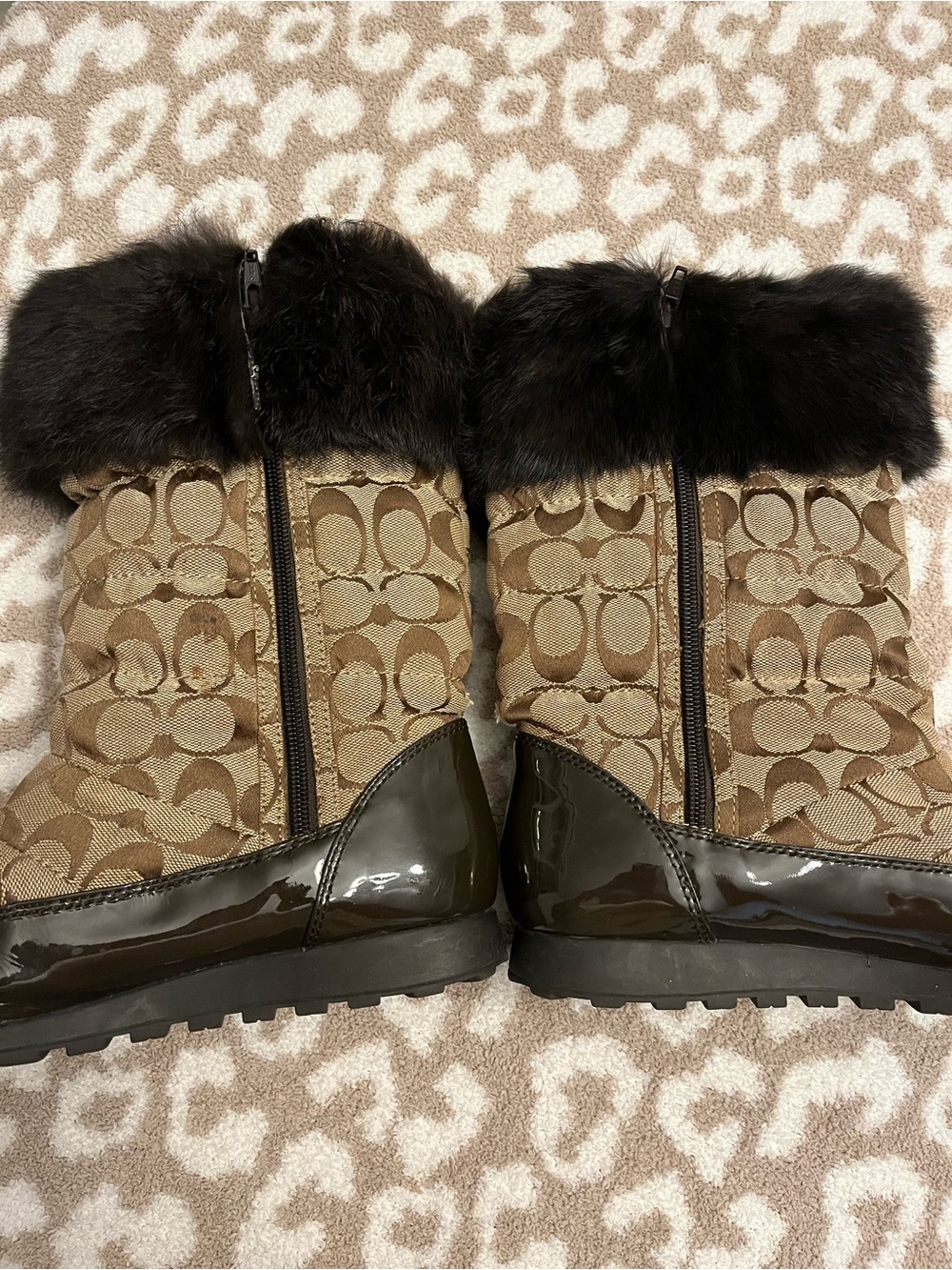 Coach Brown Signature Jacquard Fur-Trim Winter Boots - Picture 7 of 8
